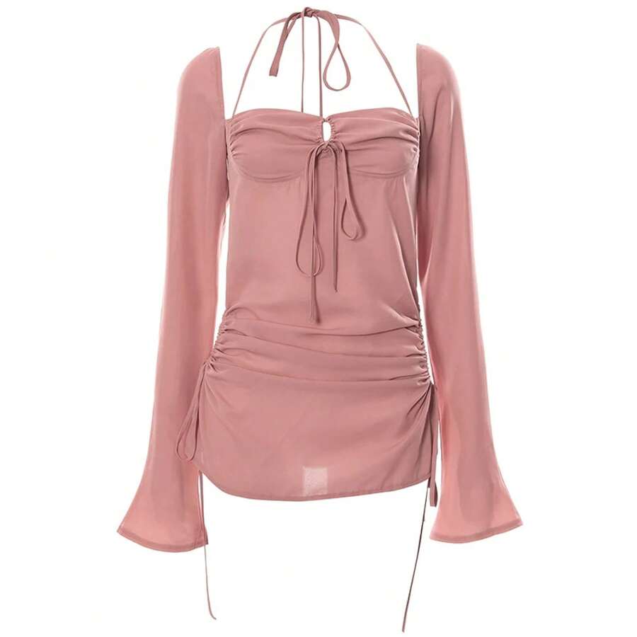 Vestido Mini Casual de Moda para Mujer, Manga Larga, Color Sólido, Cuello Cuadrado, Vestido Halter con Aberturas y Lazos para Primavera - A - Ver 1