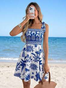 Vestido mini de mujer con cintura ceñida, tirantes anudados y unicolor - Multicolor 5 - Ver 8