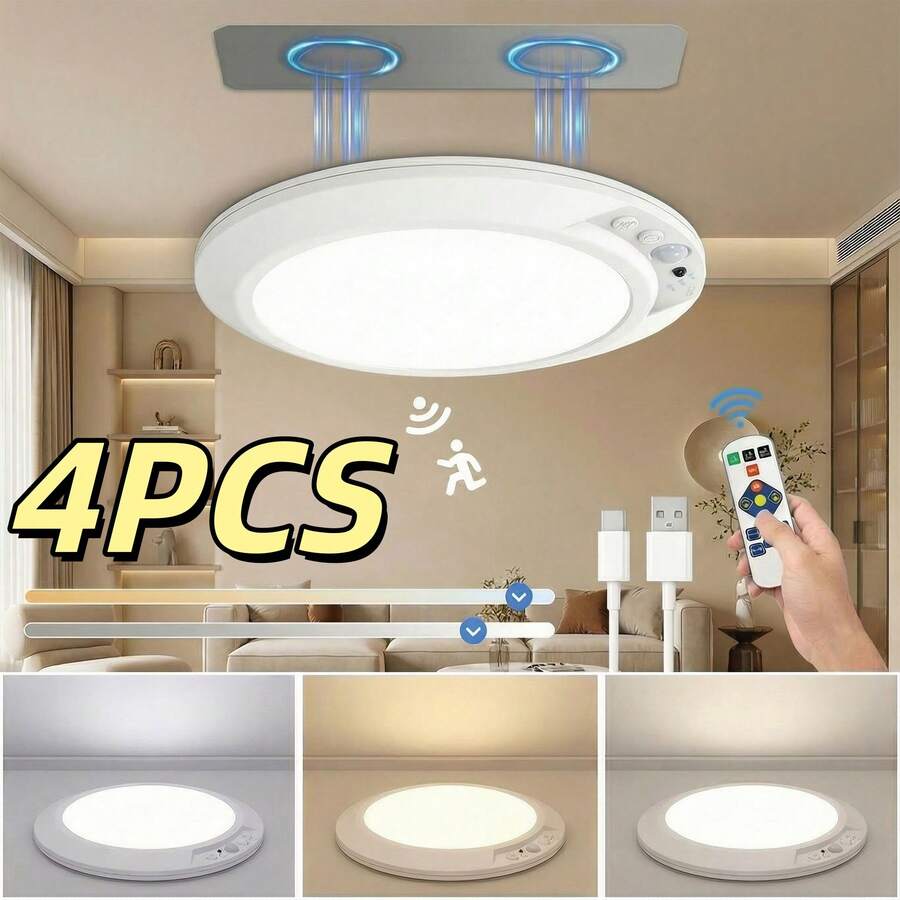 Rechargeable LED Ceiling Light With Remote Control, Motion Sensor Ceiling Lamp, Magnetic Easy Installation For Bedroom, Hallway, Closet, Bathroom