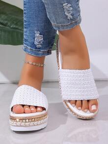 2026 Summer New Woven Platform Rivet Sandals, Thick Sole One-Strap Slides, Large Size Women Shoes For Overseas Market - White 1 - View 6