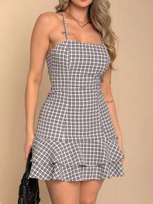 Short Plaid Dress With Bare Back And Crossover For Women's June Party, São João, Duna, Frill, S To L - 黑色 - 查看 2