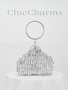 1个女士时尚复古宴会包，多色叶子和花卉图案拼接斜挎迷你方盒包，适合搭配晚礼服、参加派对、购物、生日、情人节礼物，图案随机。 - 銀色 - 查看 8