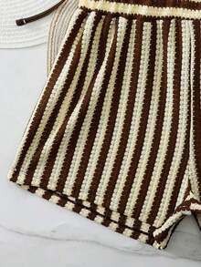 Traje de baño conjunto tres piezas para mujer para playa piscina vacaciones semana santa brunch y salidas a la playa bikini triangular con lazadas y shorts de playa con cordón color rojo y rosa textura arrugada estilo bohemio apto para verano y temporadas cálidas - Café integral - Ver 4
