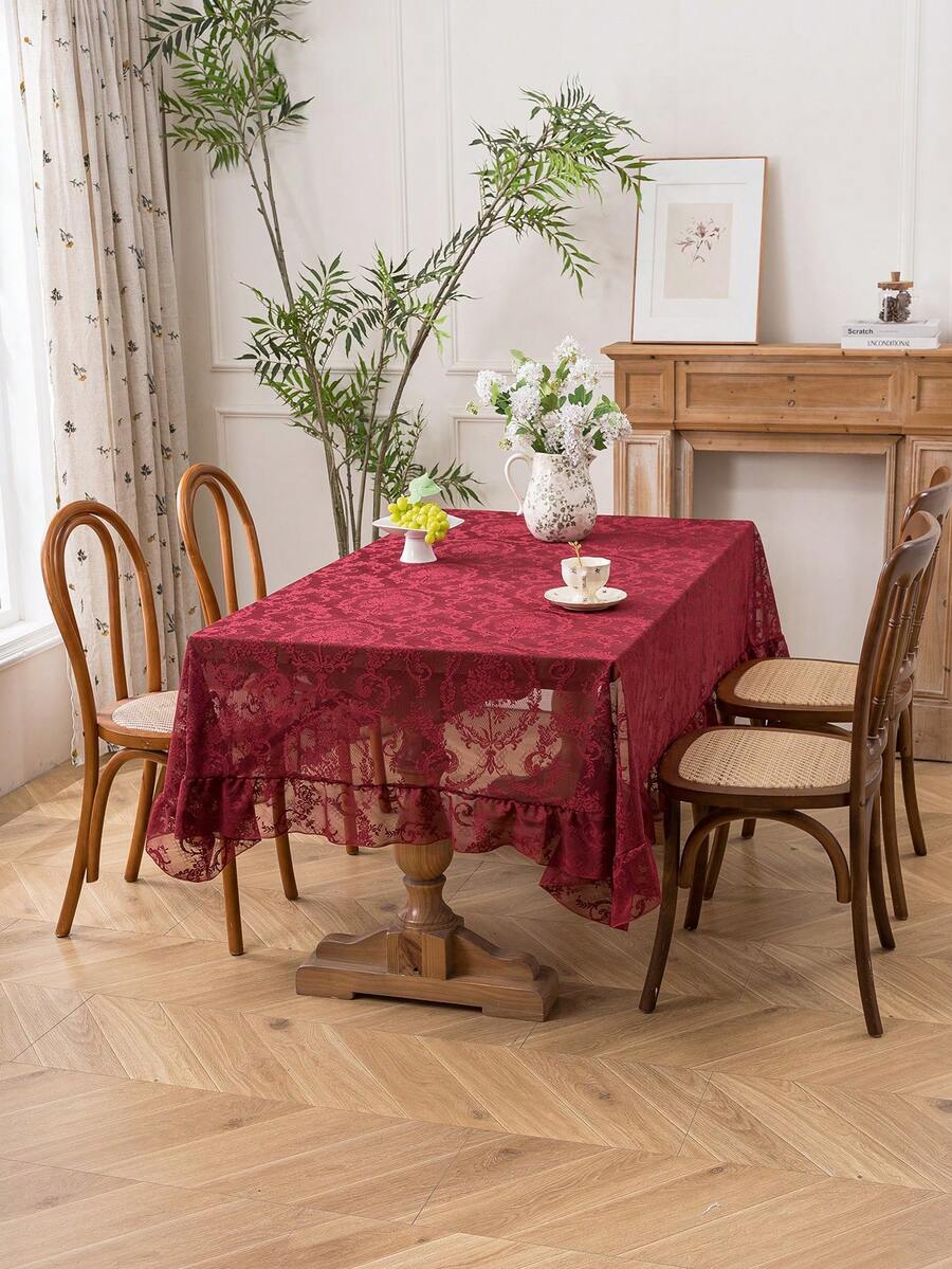 1pc Elegant French Floral Lace Trim Tablecloth, Fresh Decor For Dining Table, Holiday - Burgundy - View 1