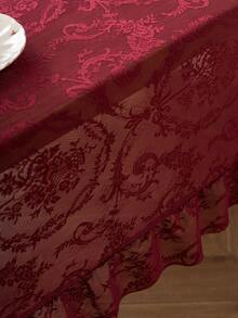 1pc Elegant French Floral Lace Trim Tablecloth, Fresh Decor For Dining Table, Holiday - Burgundy - View 9