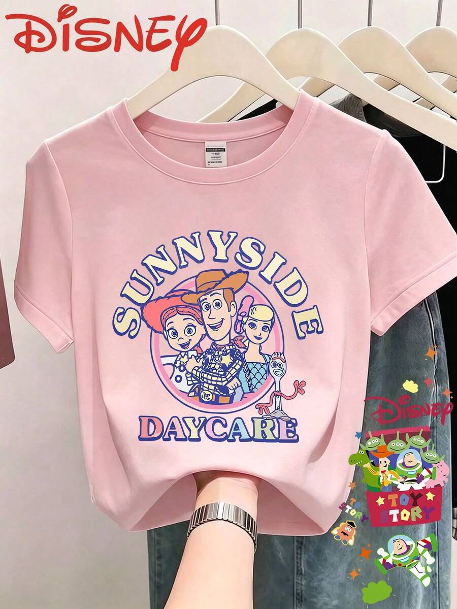 Disney Toy Story Printed Spring/Summer Round Neck Short Sleeved T-Shirt, Casual And Versatile, Comfortable Fabric, Suitable For All Seasons - 粉色 - 查看 1