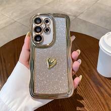 1pc Electroplated Small Heart/Electroplated Glitter Wavy/Four-Corner Air Cushion Shockproof/Transparent Phone Case Compatible With Apple 11/12/13/14/15/16 Pro Max Series, S25/S24/S23/S22 Series/A Series, MT, Etc. - Gold - View 4
