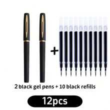 Premium Black Gel Pens, High Capacity Gel Pens, 0.5mm, Wide Tip, Suitable For Business, Office, Signature, Calligraphy Practice, Daily Writing. Includes 2 Gel Pens + 10 Refill Ink Cartridges - Sets - View 9