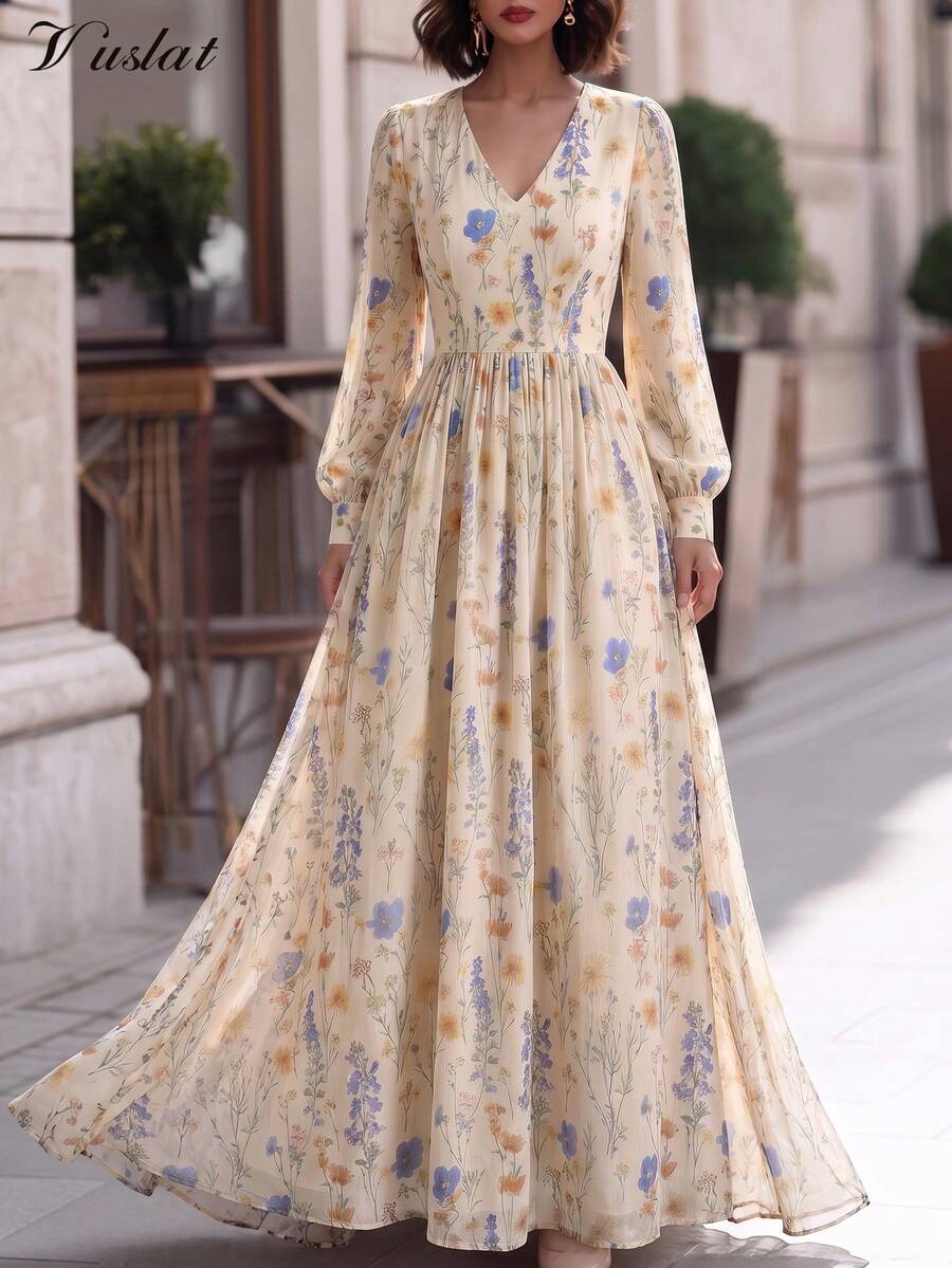 Vuslat 女士夏季复古碎花长袖V领连衣裙，波西米亚风腰带飘逸休闲度假户外野餐连衣裙，适合度假、户外活动、夏季假日穿着。 - 杏色 - 查看 1