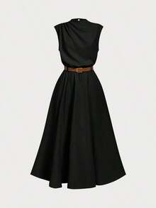 Vestido sin mangas de unicolor (con cinturón) para la temporada de regreso a clases - Negro - Ver 5