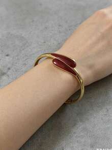 Luxury Minimalist Geometric Teardrop Open Bangle Bracelet, Versatile Gold-Tone Jewelry - Burgundy - View 5
