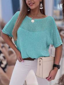 Summer Vacation Casual Solid Color Hollow Out Loose Off Shoulder Short Sleeve Knit Sweater Top - Baby Blue - View 2