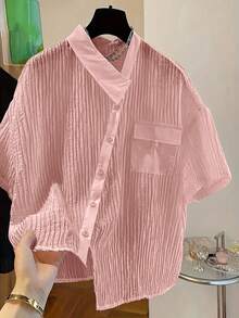 Women's Fashion Summer Casual Blouse, Shirt Collar, Asymmetric Hem, Front Button Closure, Woven Fabric Pink - Pink - View 4