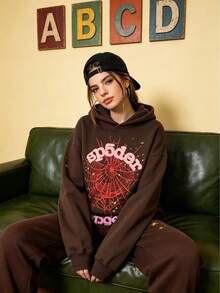 2-Piece Set, Sports Set, Casual Set,Y2K Men's Hooded Sweatshirt Sweatpants, Spider Web Pattern, Letter Print, Colorful Stars, Street Punk Style, Casual Fitted,Autumn, Winter, And Spring, Graphic Hoodie Casual Pants - Brown Suit - View 4