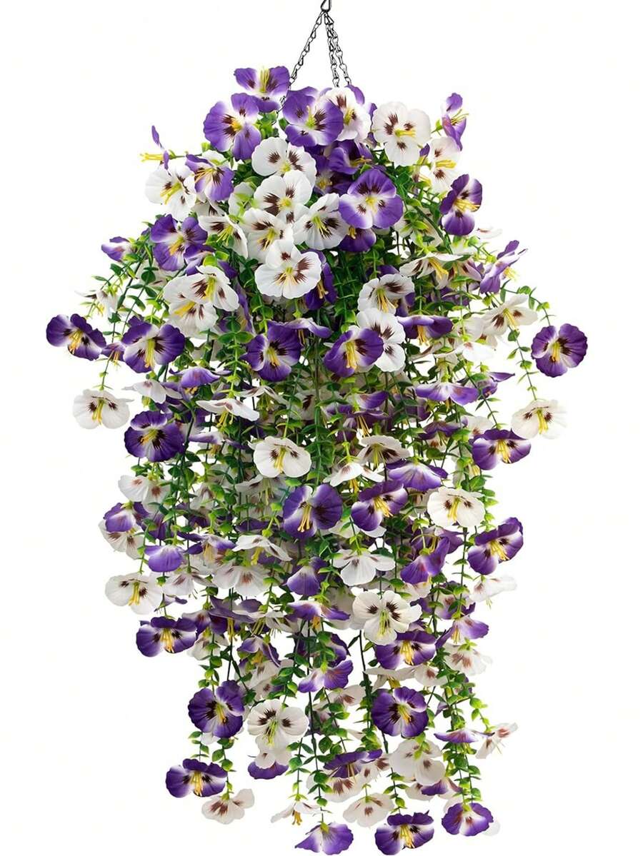 1件人造吊掛花植栽，仿真絲綢小堇花搭配尤加利葉，抗紫外線逼真外觀，適用戶外花盆、陽台、庭院春夏季裝飾（圖片顯示多件，詳情請參考尺寸表） - 紫白色 - 查看 1
