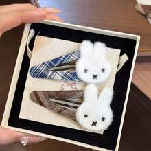 MIFFY 韩版秋冬新款兔子格子BB夹可爱毛绒刺绣刘海侧夹发饰，日系可爱风，蓝棕格子配色，3D蓬松米菲兔头，美观柔软的毛绒和布料材质，金属夹子牢固固定 - 彩色 - 查看 6