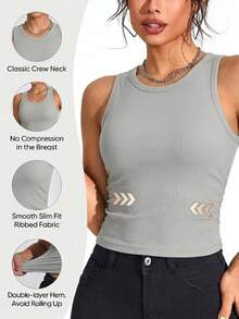 Top corto sin costuras acanalado para mujer, diseño clásico de cuello redondo sin alambre, camiseta ajustada y transpirable, dobladillo de doble capa para evitar el rizado, tela suave para uso diario y capas estilo Y2K - Gris - Ver 1