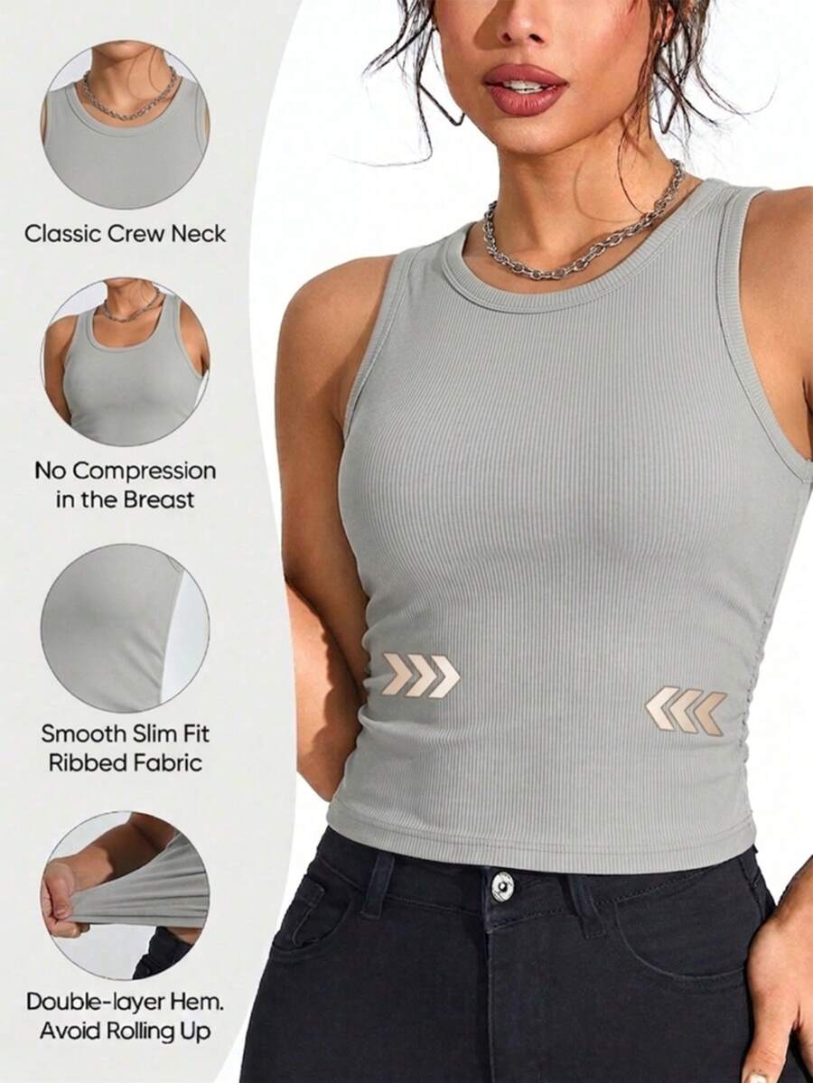 Top corto sin costuras acanalado para mujer, diseño clásico de cuello redondo sin alambre, camiseta ajustada y transpirable, dobladillo de doble capa para evitar el rizado, tela suave para uso diario y capas estilo Y2K - Gris - Ver 1