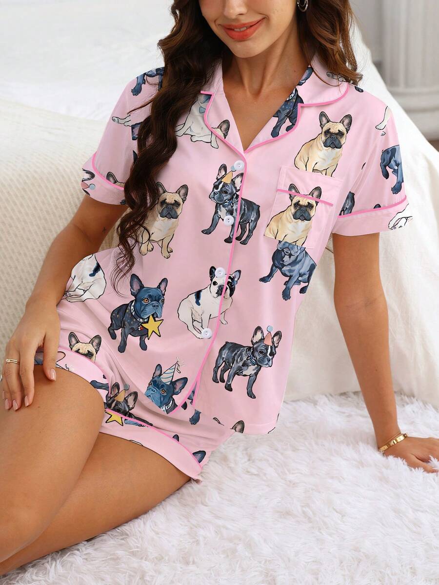 HOREA 2pcs Women Casual Dog Print Pajama Set, Short Sleeve Lapel Tops And Elastic Waist Shorts, Loungewear & Sleepwear For Women, All Season - Hồng - Xem 1