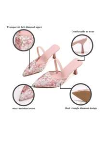 Sandálias femininas de salto alto de 7 cm com detalhes florais em tela, bico fechado, pretas, com salto baixo e tira elástica, estilo fada. - Rosa Quente - Ver 5