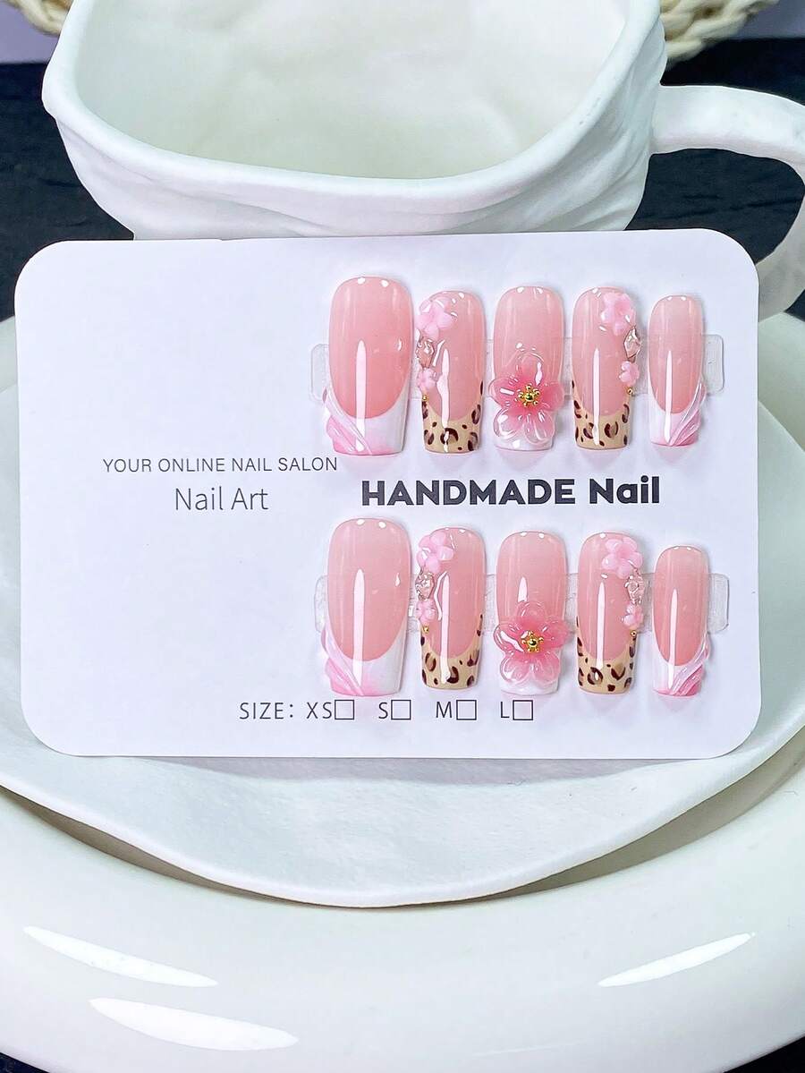 10 miếng dán móng tay ombre hồng thủ công, họa tiết hoa anh đào và da báo 3D vẽ tay, dùng cho kiểu móng tay Pháp, có thể tái sử dụng kèm bộ dụng cụ. - Nhiều màu - Xem 1