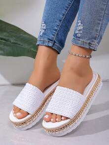 2026 Summer New Woven Platform Rivet Sandals, Thick Sole One-Strap Slides, Large Size Women Shoes For Overseas Market - White 1 - View 3