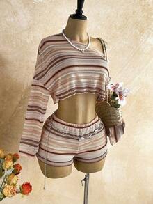 Conjunto de dos piezas para mujer color amarillo claro sólido, blusa asimétrica de hombro descubierto y shorts de tejido texturizado, estilo casual y fresco, ideal para vacaciones, playa, verano, uso diario y salidas relajadas - Multicolor 4 - Ver 3