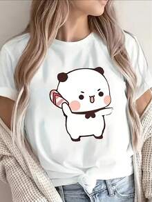 Lightweight And Durable Short-Sleeve T-Shirt, Featuring A Cute Panda Design, Is Perfect For Casual Outings At Home, In Cafes, Or During Outdoor Activities, Ensuring Comfort And Style For Everyday Wear - trắng - Xem 6
