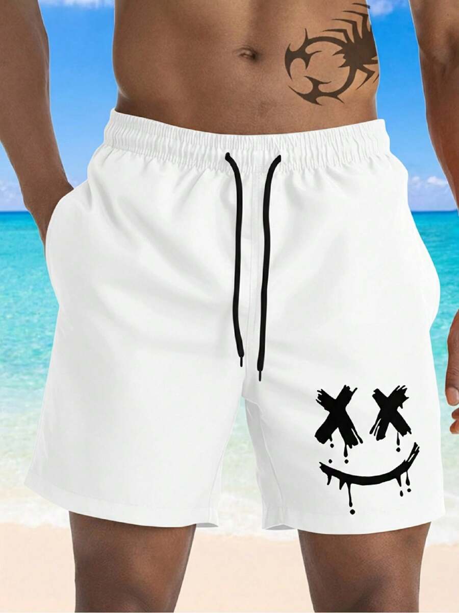 Bermuda Masculina Tactel Estampa Sorriso XX – Short Praia Streetwear, Leve, Casual Estiloso Verão - Branco - Visão 1