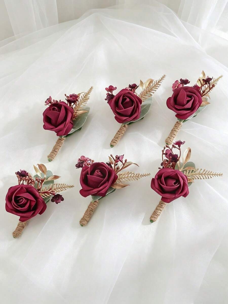 1/6 bông hoa hồng sang trọng kèm lá xanh nhân tạo, ghim cài áo hoa lãng mạn phù hợp cho chú rể, cô dâu, phù rể, phù dâu, trang trí đám cưới, sự kiện trang trọng, tiệc tùng. - Nhiều màu - Xem 1
