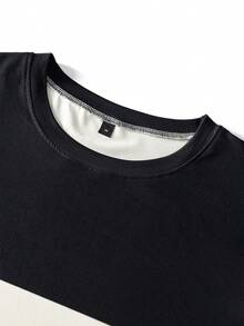 T-shirt à manches courtes pour hommes avec imprimé d'aigle noir & blanc, rayures et blocs de couleurs, top superposé à contraste de couleurs - Nude - Voir 3