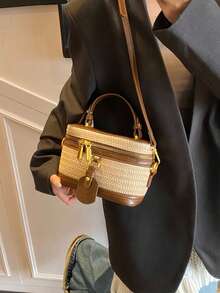 Bolso cuadrado de paja con patchwork retro para mujer, con asa superior y correa para el hombro, versátil para ir al trabajo, compras diarias, salidas, viajes a la playa y vacaciones - Marrón - Ver 7