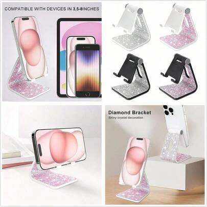 1 pieza Soporte de teléfono con rhinestones de moda, soporte de teléfono de cristal brillante, soporte de teléfono de escritorio ajustable en ángulo, adecuado para todos los teléfonos