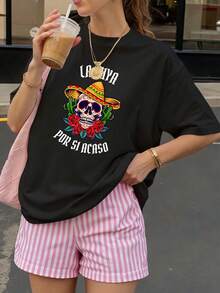 Camiseta Negra con Calavera y Sombrero de Fiesta Por Si Acaso para Mujer Verano - Negro - Ver 1