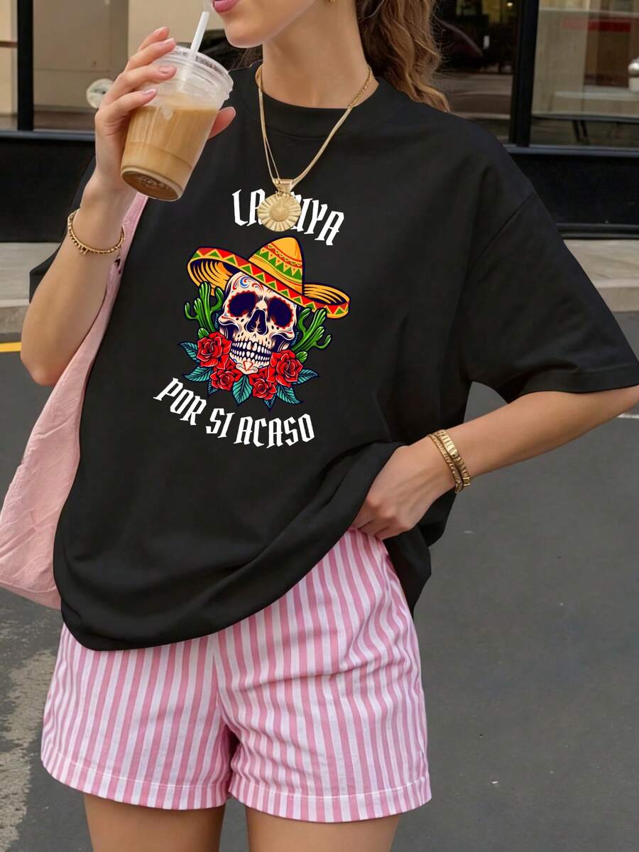Camiseta Negra con Calavera y Sombrero de Fiesta Por Si Acaso para Mujer Verano - Negro - Ver 1