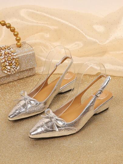 1 Pair Silver Peep Toe Platform Sandals, Solid Color Soft Fabric Brogue Hollow Floral Bow Decor, Pointed Toe Chunky Heel Thick Bottom Backless One-Strap Metal Buckle Design, French Commuting Gentle Minimalist Princess High Heel Sandals, Suitable For Daily Office, Outing, Shopping In Spring/Summer