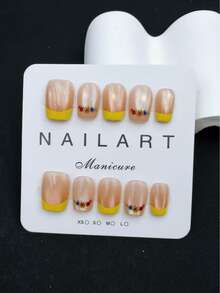 10pcs Set Handmade Nail Stickers, Champagne Color Short Trapezoidal Shape, Fashionable Fragrant Style French Manicure Stickers, Nail Stickers, New Year Manicure, Valentine's Day Manicure, UV Gel Manicure, Summer Manicure, Wearable Nail Art, Elegant And Generous Design, High-End French Style, Gel Manicure, Shiny - Champagne - View 2