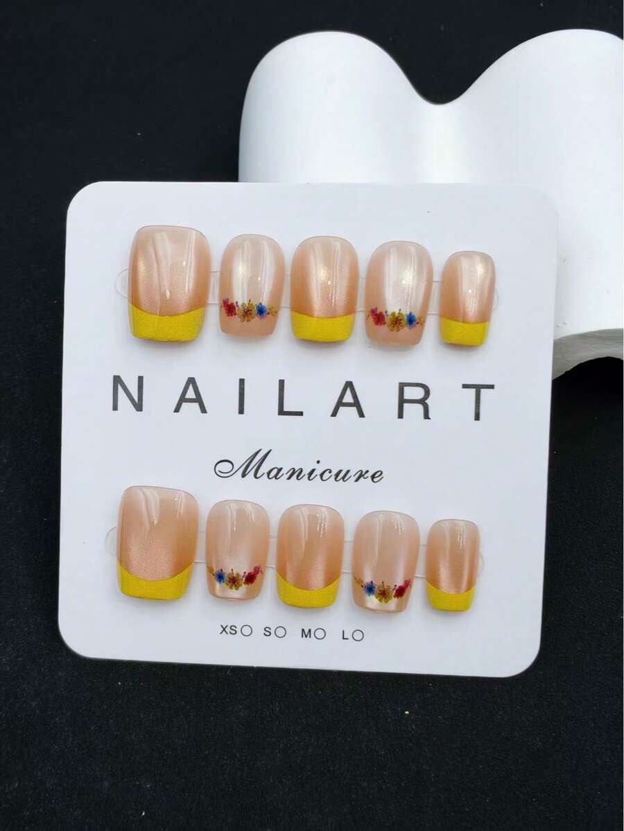 10pcs Set Handmade Nail Stickers, Champagne Color Short Trapezoidal Shape, Fashionable Fragrant Style French Manicure Stickers, Nail Stickers, New Year Manicure, Valentine's Day Manicure, UV Gel Manicure, Summer Manicure, Wearable Nail Art, Elegant And Generous Design, High-End French Style, Gel Manicure, Shiny