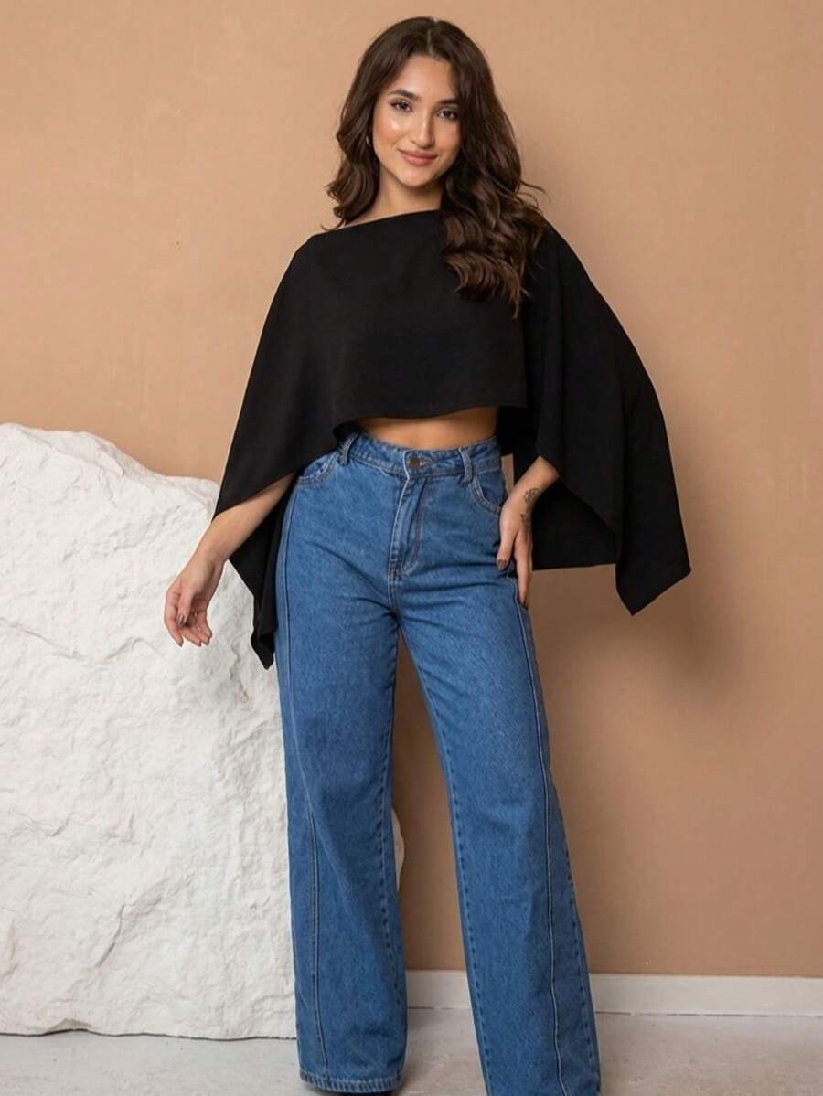 Women's Cropped Blouse, Cape Style, Asymmetrical, Boat Neck - Autumn/Winter - màu đen - Xem 1