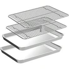 Juego de bandeja de cuarto con estante de refrigeración [2 bandejas para hornear + 2 estantes para hornear] hojas de galletas de acero inoxidable CEKEE para hornear y rejilla de alambre resistentes al óxido y a la deformación y antiadherente tamaño 12 x 9.8 x 1 pulgada - Plateado - Ver 2