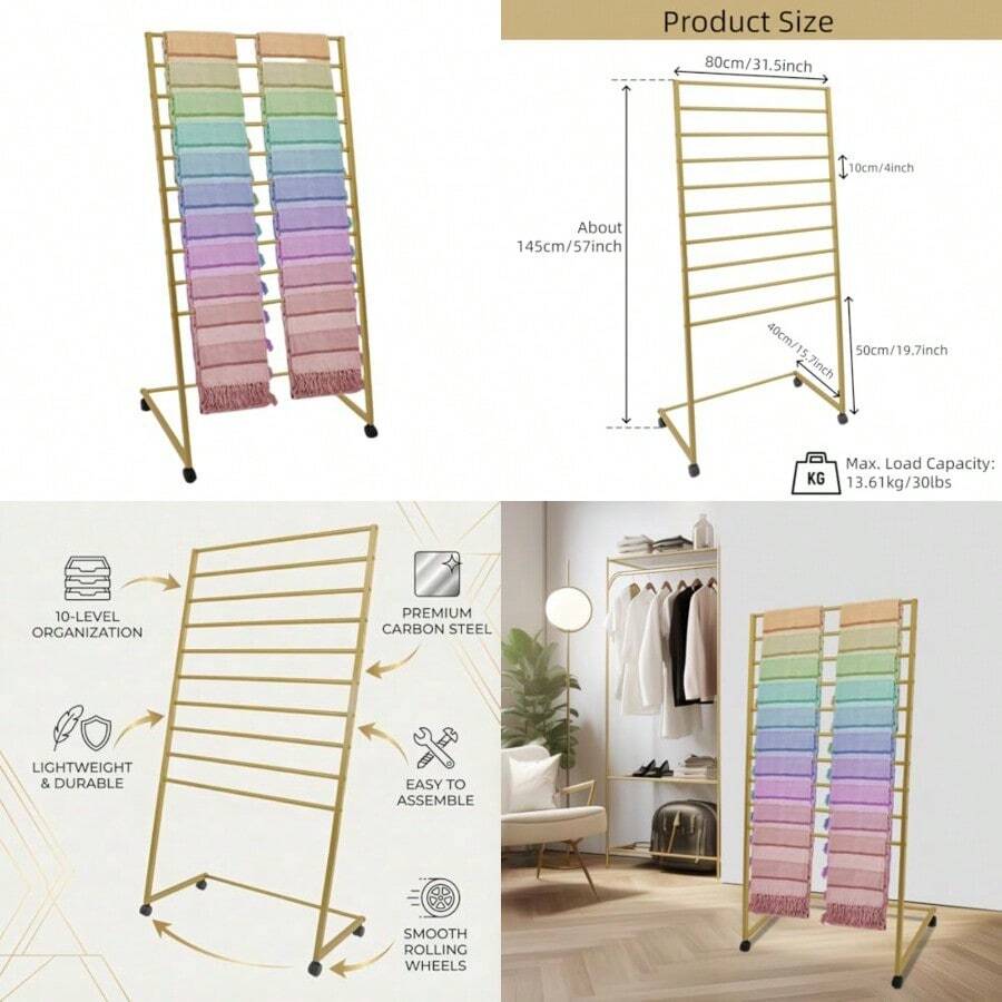 Organizador de bufandas soporte de exhibición para bufandas organizador de metal de 10 niveles bufanda de pie para uso comercial o en el hogar soporte Hijab - Oro Estilo 1 - Ver 1