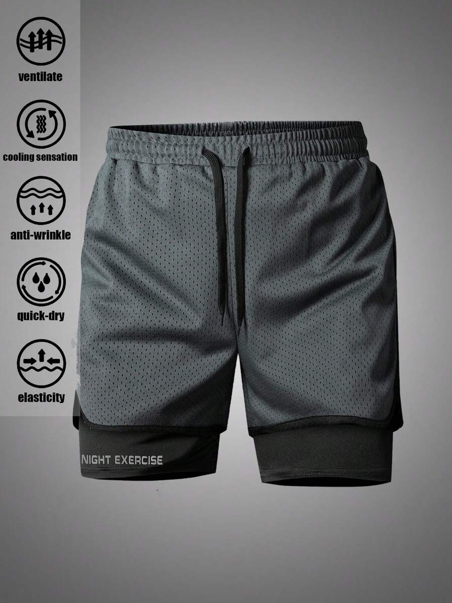 2-In-1 Men's Summer Sports Shorts, 3-Inch Inseam Elastic Casual Pants With Inner Lining, Letter Print For Running And Fitness - Grey - View 1