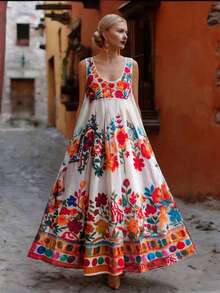 Vestido largo estilo bohemio con estampado floral colorido, sin mangas, con escote en U y corte holgado, perfecto para unas vacaciones. - Multicolor - Ver 2