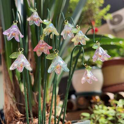 【3D】1/5/10支装花园迷你装饰地插，仿真百合花和铃兰花，阳光下闪闪发光，迷你花园插插套装，适用于户外盆栽植物和景观装饰，多肉植物盆景装饰和迷你盆景模型，适用于庭院，适合作为母亲节礼物