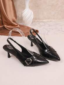 1 Pair Black Matte Soft Leather Peep Toe High Heel Sandals, Metal Buckle Decor, Elastic Back, Pointed Toe Slim Heel, Non-Slip, Fashion Classic Work Wedge Sandals Suitable For Party, Shopping, Travel, Spring/Summer - Black - View 3