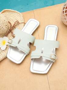 Dép xăng đan đế bằng mùa hè cho nữ, dép hở mũi đế bằng hai quai, dép xăng đan hai quai trang trí kim loại thanh lịch, giày đi biển thoáng khí mùa hè, dép thời trang thường ngày đa năng cho kỳ nghỉ biển và đi làm. - màu xanh nhạt - Xem 3