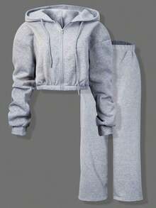 2pcs Women Casual Plain Cropped Hoodie And Sweatpants Set, Autumn/Winter Fall Cloth For Women - Xám 2 - Xem 3