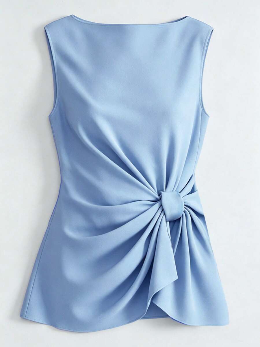 Vacation Style Solid Color Woven Fabric Front Tie Bow Asymmetric Top, Suitable For Dates, Holidays, Office, All Seasons Summer - Dusty Blue - View 1
