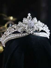1件套珍珠巴洛克风格新娘皇冠头饰，蝴蝶结和水滴设计，奢华复古皇冠，适合女士生日派对 - 彩色 - 查看 14