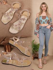 Giày sandal đế bằng đính pha lê lấp lánh, kiểu dáng thanh lịch dành cho nữ tuổi teen, quai trong suốt, quai sau co giãn, mũi vuông, thích hợp cho các buổi tiệc hoặc các dịp thường ngày. - Vàng - Xem 3